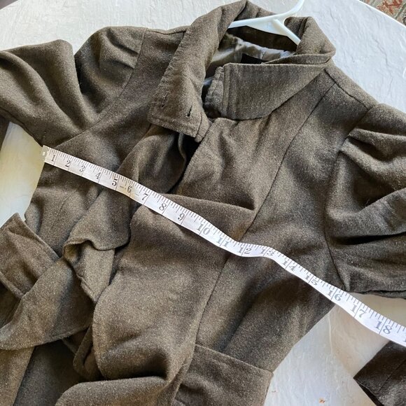 Ryu Green Ruffled Wool Blend Buckle Mid Length Trench Coat Size S - Picture 6 of 8